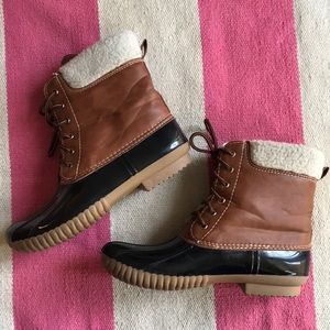 Fuzzy Black and Brown Duck Boots